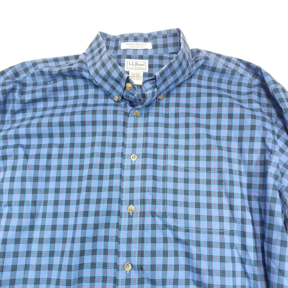 L.L.Bean Shirt Mens 2XLT Blue Plaid Long Sleeve Button Up Wrinkle Resistant - Picture 2 of 10